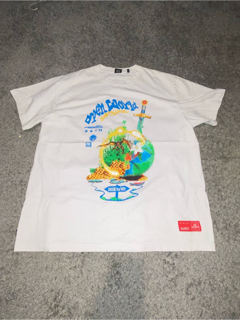 100 thieves White Graphic Tee with Colorful Earth & Sword Motif